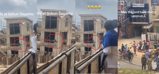 VIDEO: Moment a Man Working on a Building Fell Onto Electric Wires on the Street Poles in Ogun