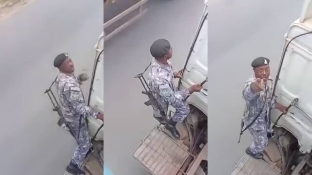 VIDEO: Funny Moment Aboki Truck Drivers Sped Off With Police Officer Who Forcefully Climbed Their Truck To Collect 'Roger'